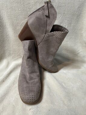 Fergalicious Taupe Perforated Suede Ankle Booties with Stacked Heel